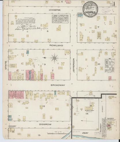 Sanborn Fire Insurance Map from Cassopolis, Cass County, Michigan (1884), Sheet #0001 - Historic Sanborn Fire Insurance Map Print, vintage old map wall art, antique decor, genealogy gift, Michigan Michigan map