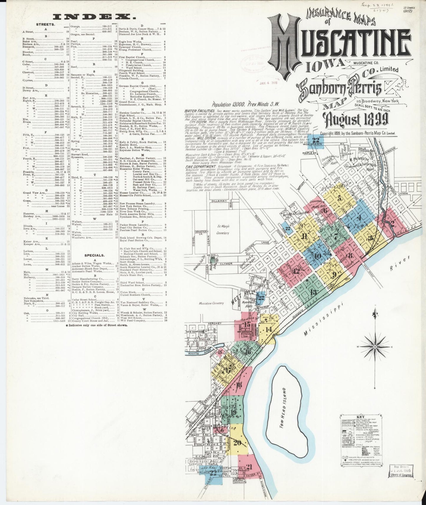 Sanborn Fire Insurance Map from Muscatine, Muscatine County, Iowa (1899), Sheet #0001 - Historic Sanborn Fire Insurance Map Print