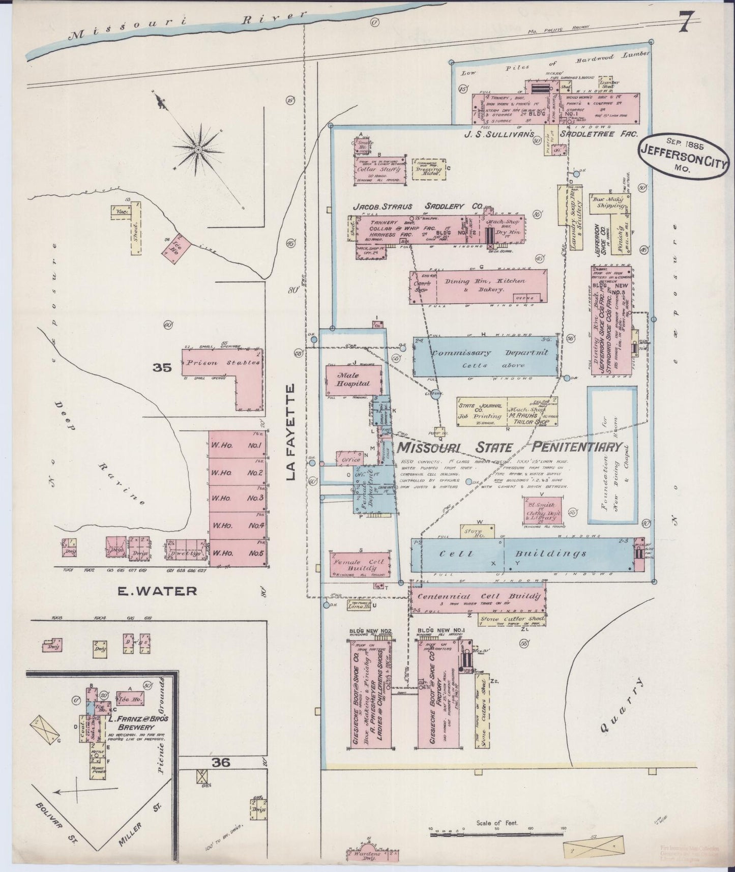 Sanborn Fire Insurance Map from Jefferson City, Cole County, Missouri (1885), Sheet #0007 - Complete Map Set gallery image, historic Sanborn map, vintage wall art, Missouri Missouri
