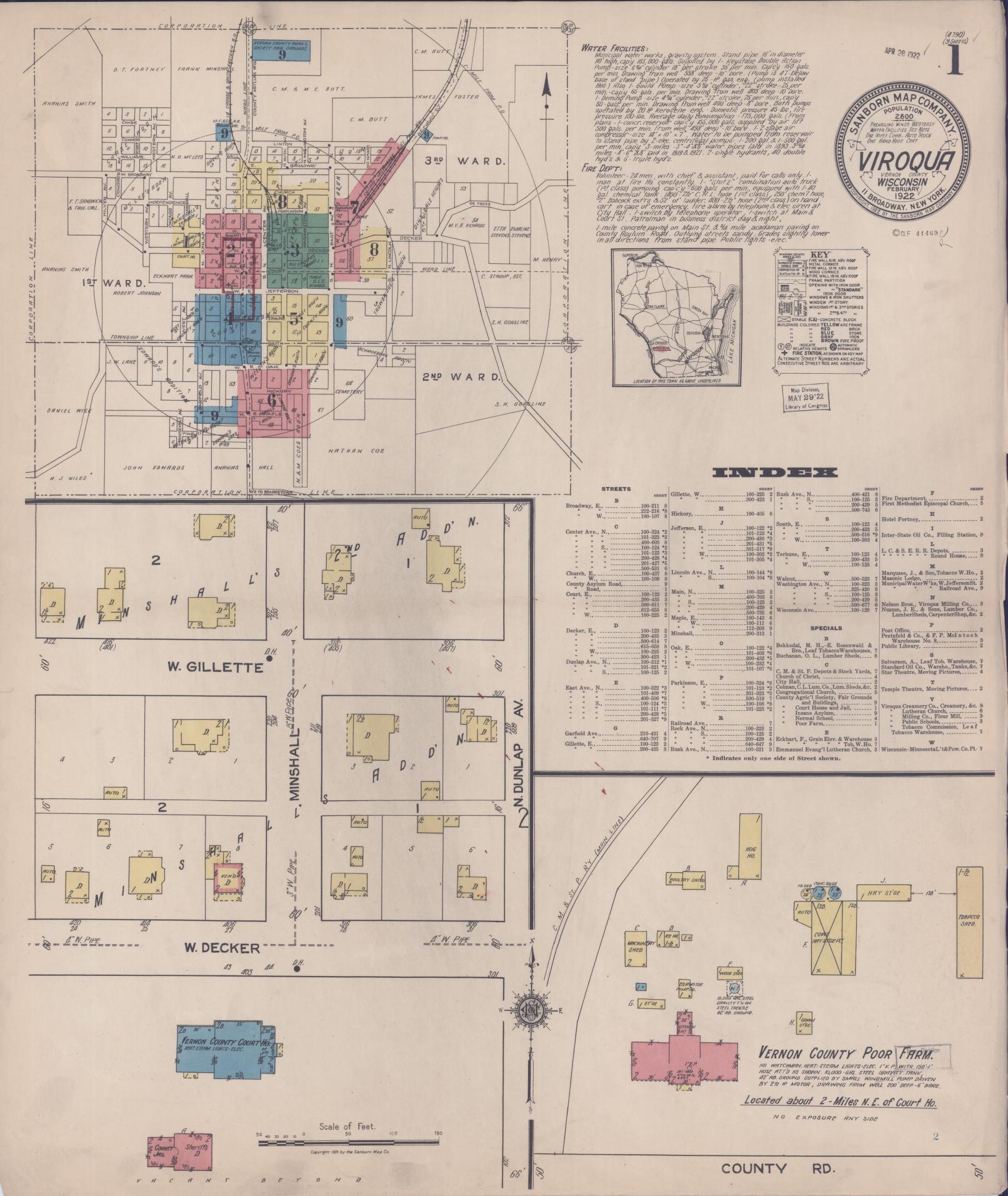 Sanborn Fire Insurance Map from Viroqua, Vernon County, Wisconsin (1922), Sheet #0001 - Historic Sanborn Fire Insurance Map Print, vintage old map wall art, antique decor, genealogy gift, Wisconsin Wisconsin map