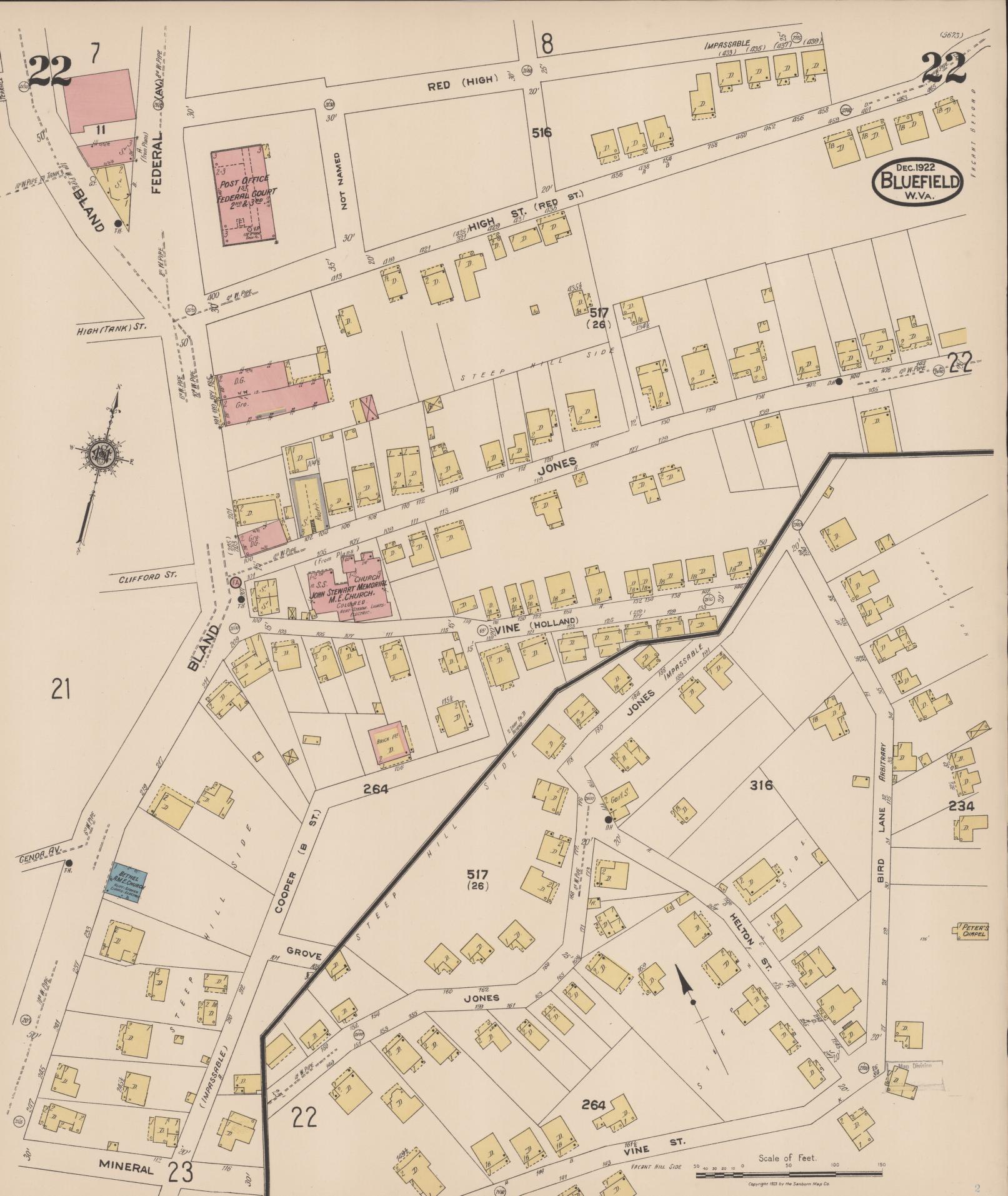 Sanborn Fire Insurance Map from Bluefield, Mercer County, West Virginia (1922), Sheet #0022 - Historic Sanborn Fire Insurance Map Print, vintage old map wall art, antique decor, genealogy gift, West Virginia West Virginia map