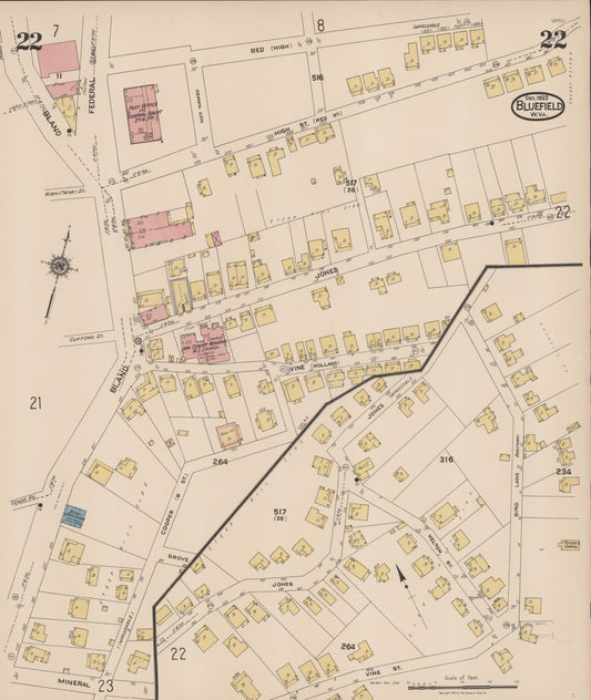 Sanborn Fire Insurance Map from Bluefield, Mercer County, West Virginia (1922), Sheet #0022 - Historic Sanborn Fire Insurance Map Print, vintage old map wall art, antique decor, genealogy gift, West Virginia West Virginia map