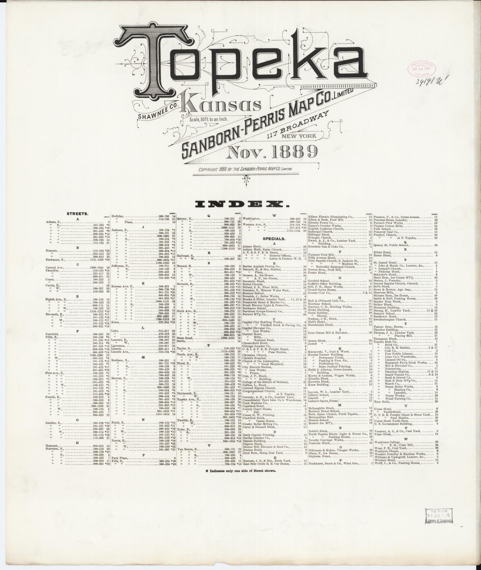 Sanborn Fire Insurance Map from Topeka, Shawnee County, Kansas. (1889) – Historic Sanborn Fire Insurance Map Print