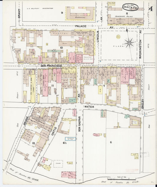 Sanborn Fire Insurance Map from Santa Fe, Santa Fe County, New Mexico (1890), Sheet #0004 - Historic Sanborn Fire Insurance Map Print, vintage old map wall art, antique decor, genealogy gift, New Mexico New Mexico map