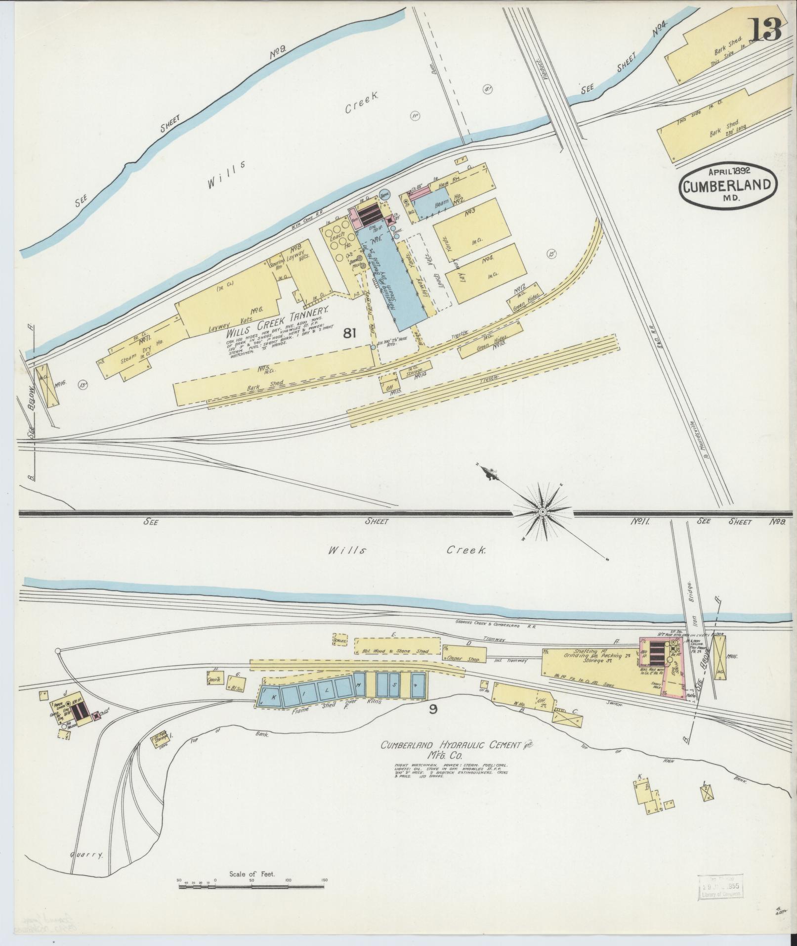 Allegany, Maryland - 1892 - Sanborn Fire Insurance Map, Sheet #0013 - Historic Sanborn Fire Insurance Map Print, Allegany Maryland 1892 0013 vintage old map wall art
