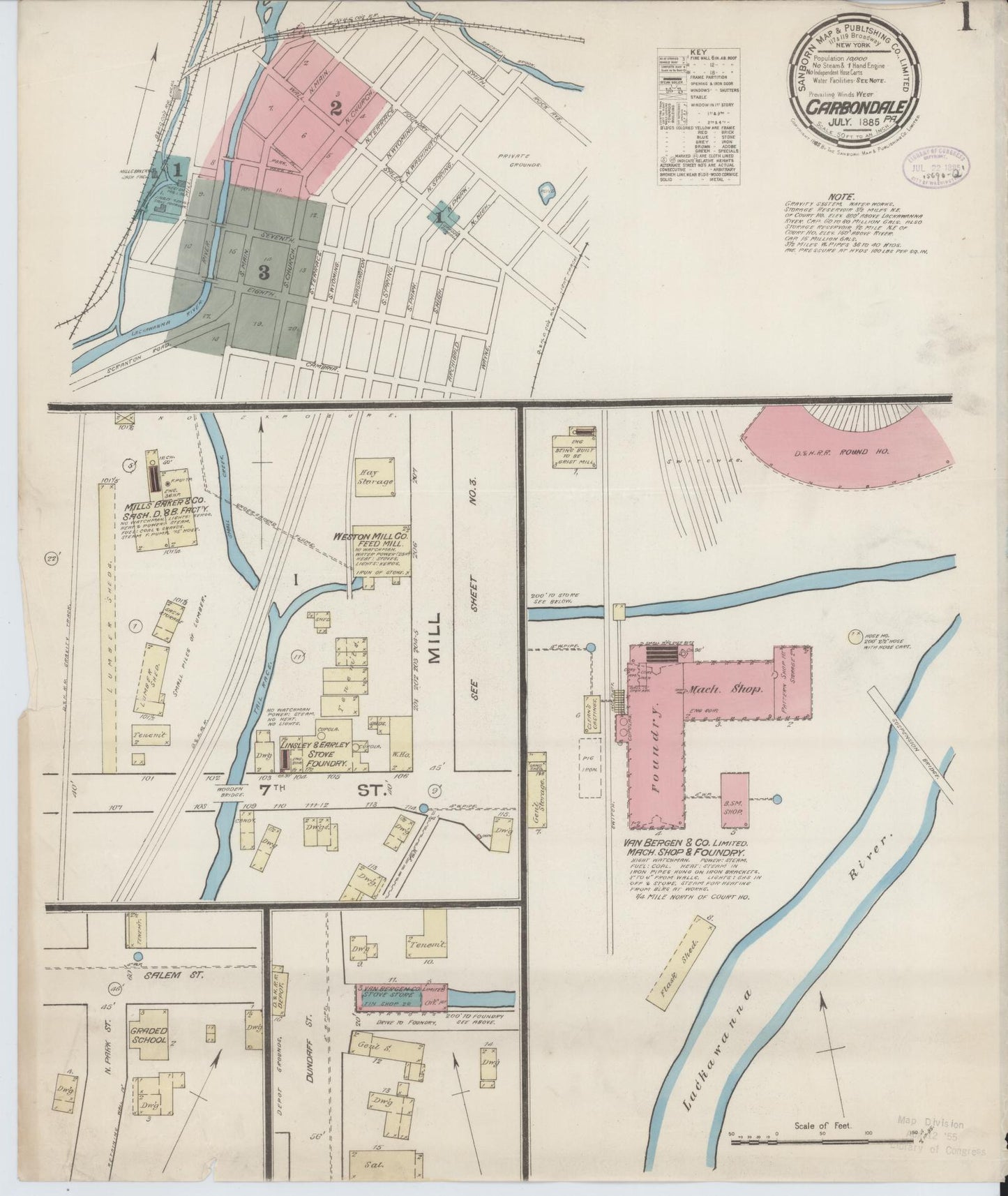 Sanborn Fire Insurance Map from Carbondale, Lackawanna County, Pennsylvania (1885), Sheet #0001 - Historic Sanborn Fire Insurance Map Print, vintage old map wall art, antique decor, genealogy gift, Pennsylvania Pennsylvania map