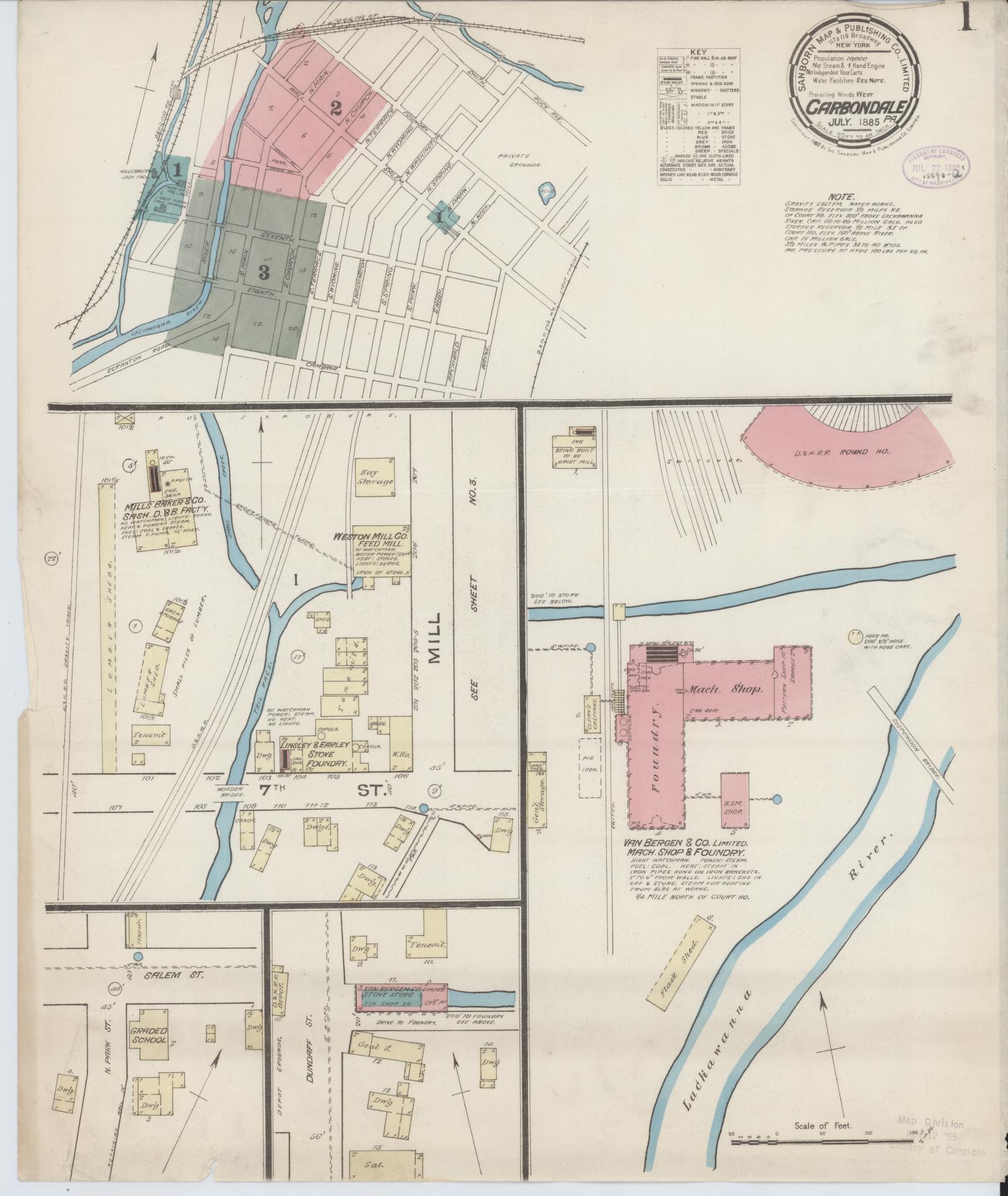 Sanborn Fire Insurance Map from Carbondale, Lackawanna County, Pennsylvania (1885), Sheet #0001 - Historic Sanborn Fire Insurance Map Print, vintage old map wall art, antique decor, genealogy gift, Pennsylvania Pennsylvania map