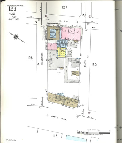 Sanborn Fire Insurance Map from Honolulu, Oahu County, Hawaii (1955), Sheet #0129 - Historic Sanborn Fire Insurance Map Print, vintage old map wall art