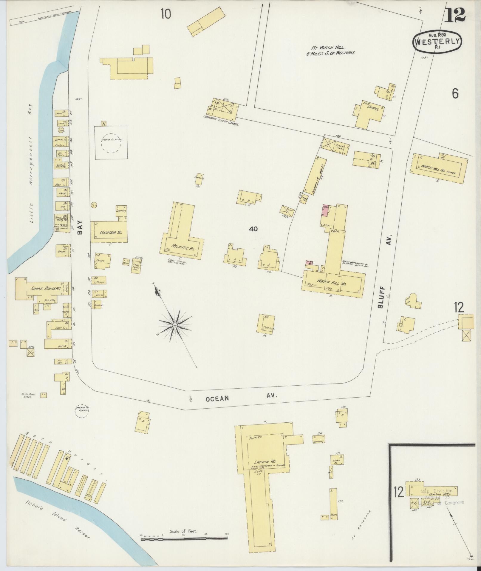 Sanborn Fire Insurance Map from Westerly, Washington County, Rhode Island (1896), Sheet #0012 - Historic Sanborn Fire Insurance Map Print, vintage old map wall art, antique decor, genealogy gift, Rhode Island Rhode Island map