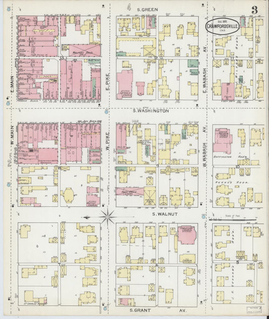 Sanborn Fire Insurance Map from Crawfordsville, Montgomery County, Indiana (1892), Sheet #0003 - Historic Sanborn Fire Insurance Map Print, vintage old map wall art, antique decor, genealogy gift, Indiana Indiana map