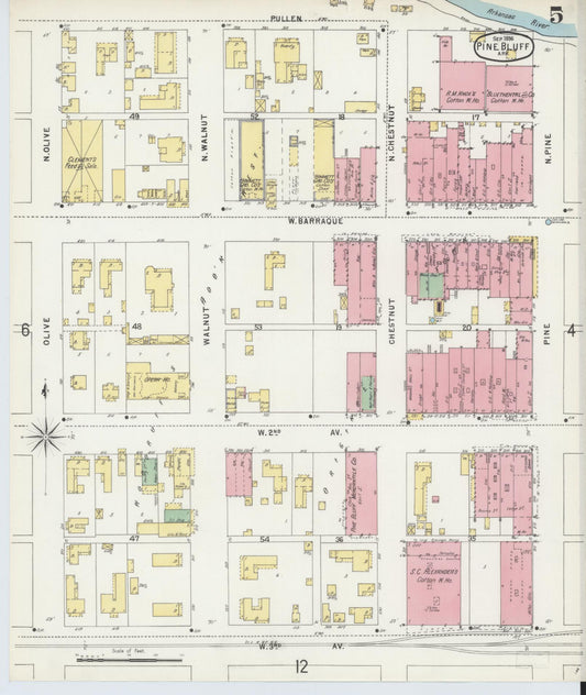 Sanborn Fire Insurance Map from Pine Bluff, Jefferson County, Arkansas (1896), Sheet #0005 - Historic Sanborn Fire Insurance Map Print, vintage old map wall art, antique decor, genealogy gift, Arkansas Arkansas map