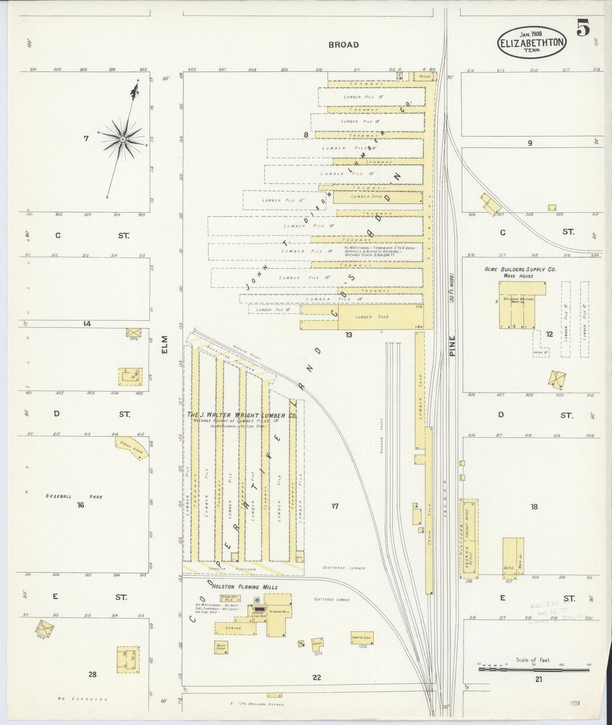 Sanborn Fire Insurance Map from Elizabethton, Carter County, Tennessee (1908), Sheet #0005 - Historic Sanborn Fire Insurance Map Print, vintage old map wall art, antique decor, genealogy gift, Tennessee Tennessee map