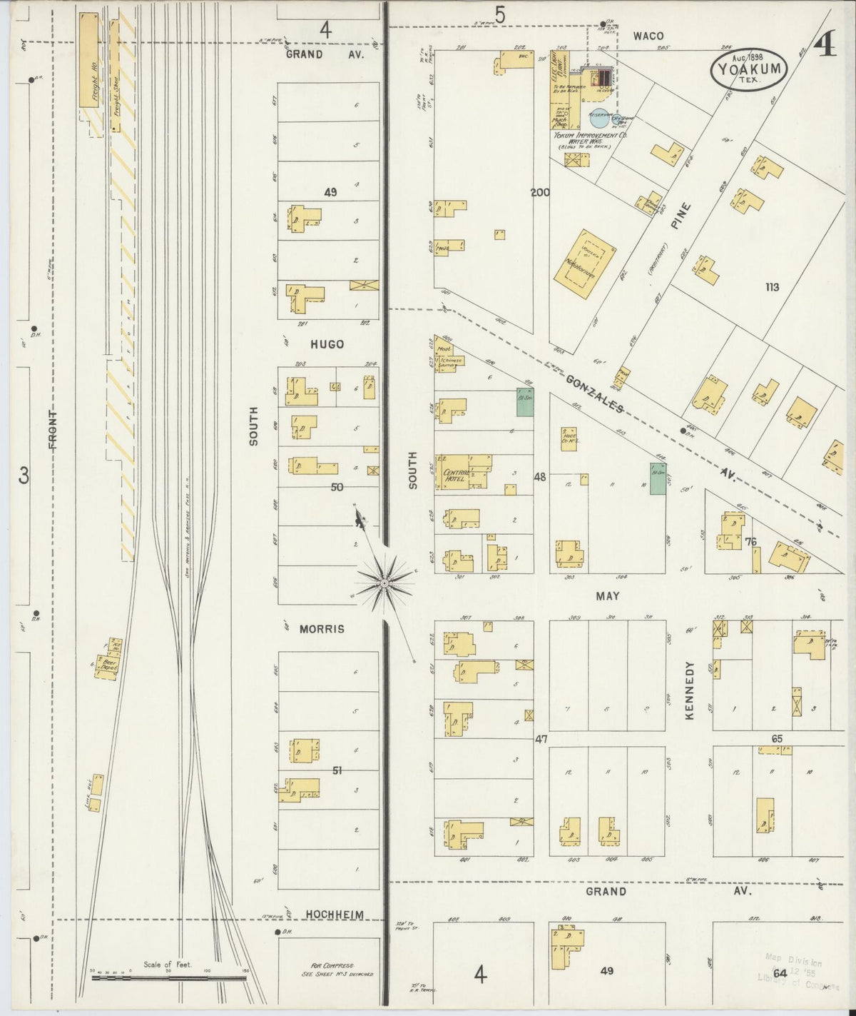 Sanborn Fire Insurance Map from Yoakum, De Witt And Lavaca Counties, Texas (1898), Sheet #0004 - Historic Sanborn Fire Insurance Map Print, vintage old map wall art, antique decor, genealogy gift, Texas Texas map