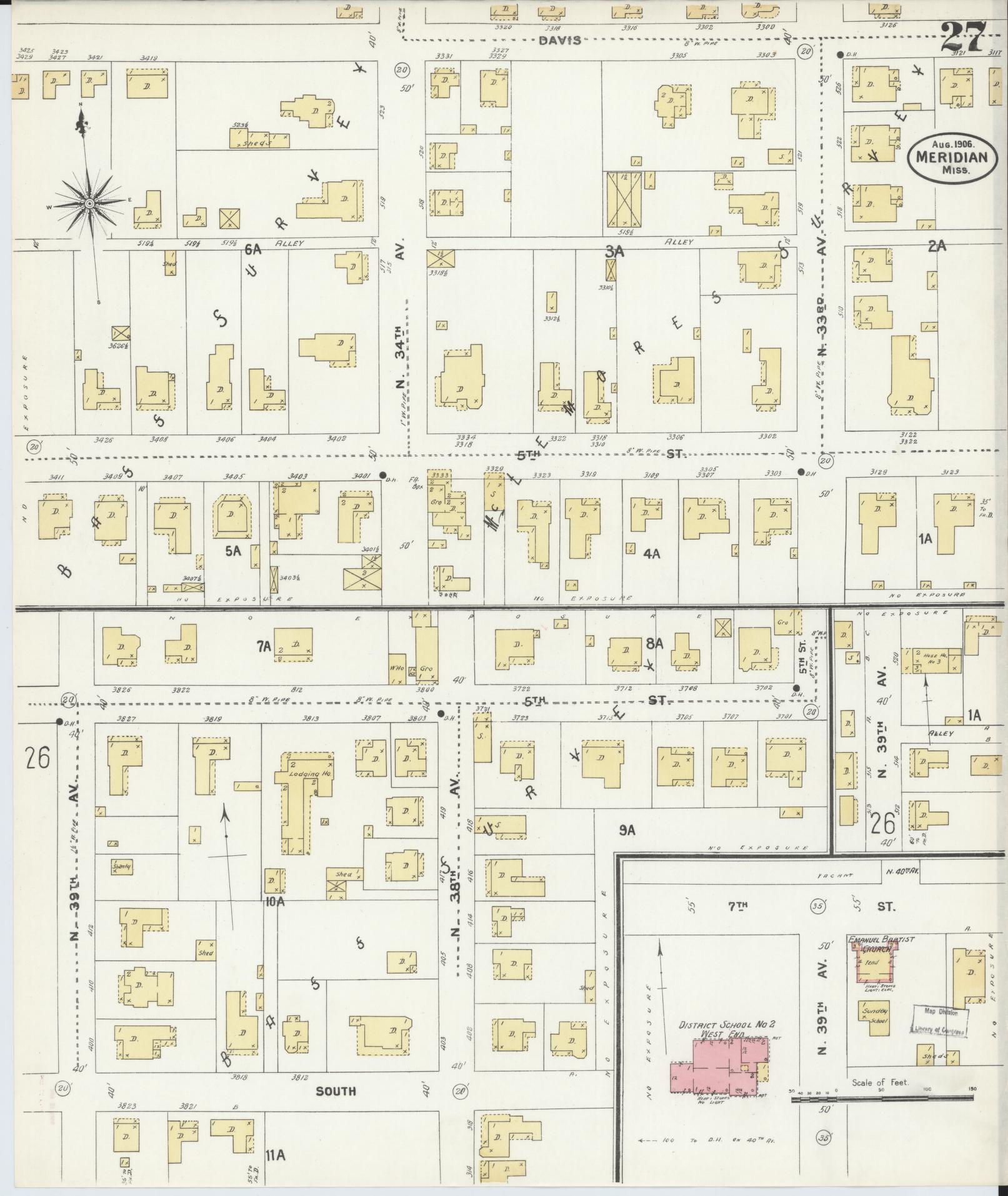 Sanborn Fire Insurance Map from Meridian, Lauderdale County, Mississippi (1906), Sheet #0027 - Complete Map Set gallery image, historic Sanborn map, vintage wall art, Mississippi Mississippi