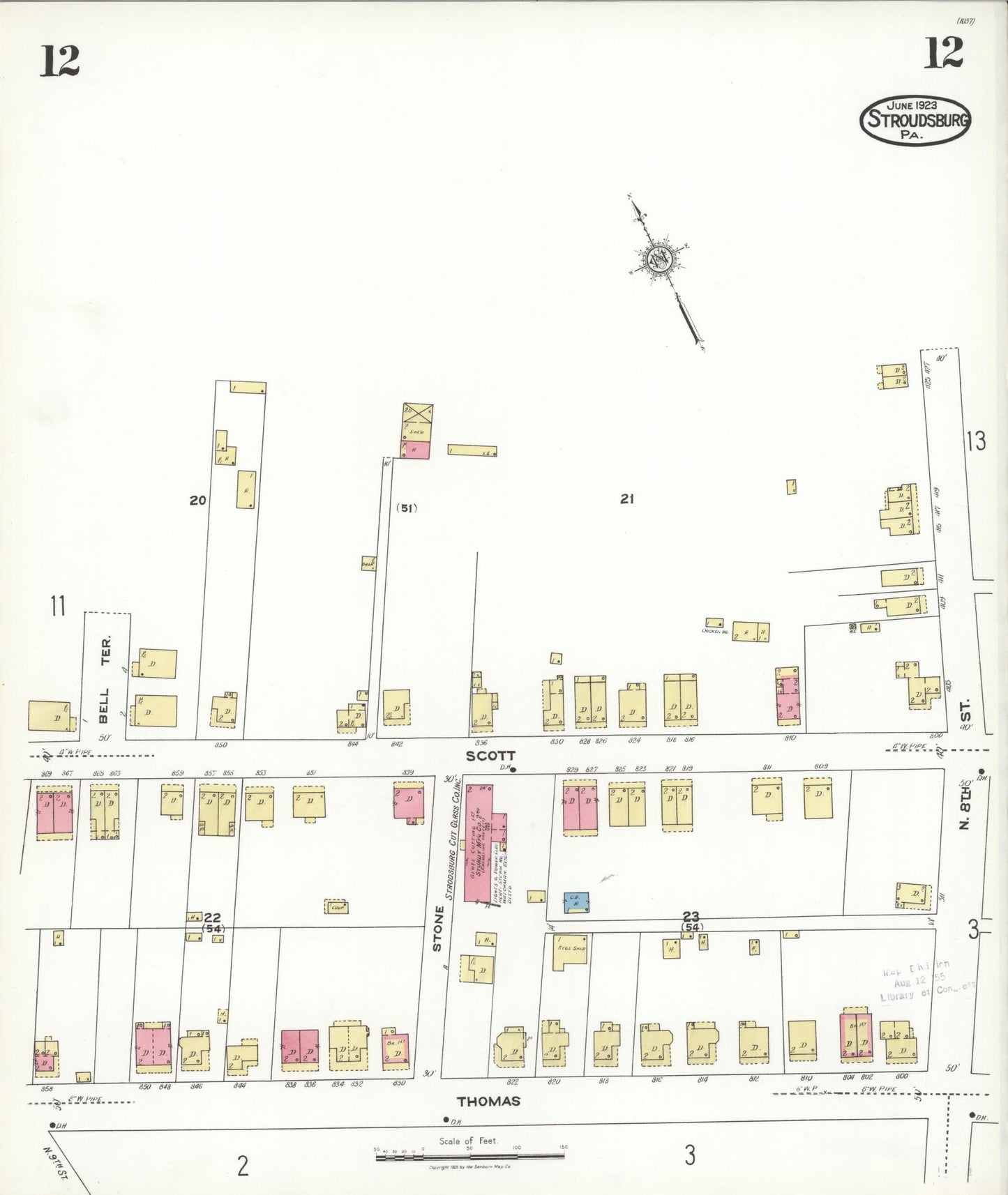 Sanborn Fire Insurance Map from Stroudsburg, Monroe County, Pennsylvania (1923), Sheet #0012 - Historic Sanborn Fire Insurance Map Print, vintage old map wall art, antique decor, genealogy gift, Pennsylvania Pennsylvania map