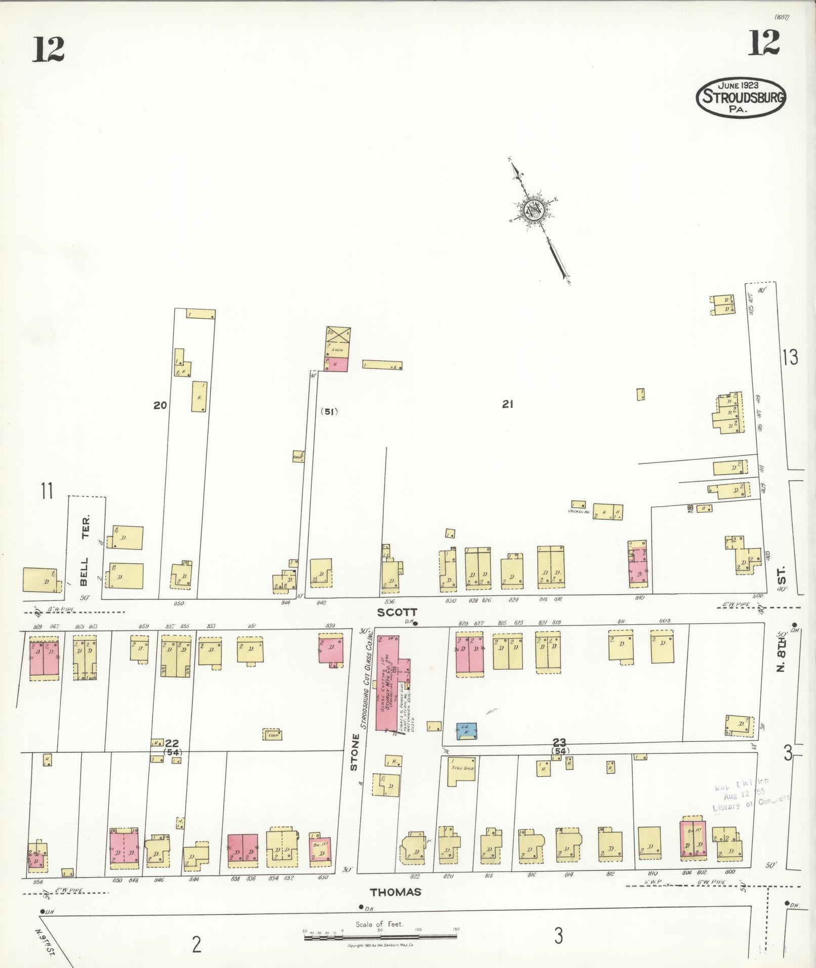 Sanborn Fire Insurance Map from Stroudsburg, Monroe County, Pennsylvania (1923), Sheet #0012 - Historic Sanborn Fire Insurance Map Print, vintage old map wall art, antique decor, genealogy gift, Pennsylvania Pennsylvania map