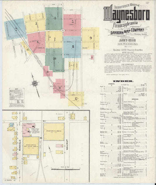 Sanborn Fire Insurance Map from Waynesboro, Franklin County, Pennsylvania (1910), Sheet #0001 - Historic Sanborn Fire Insurance Map Print, vintage old map wall art, antique decor, genealogy gift, Pennsylvania Pennsylvania map