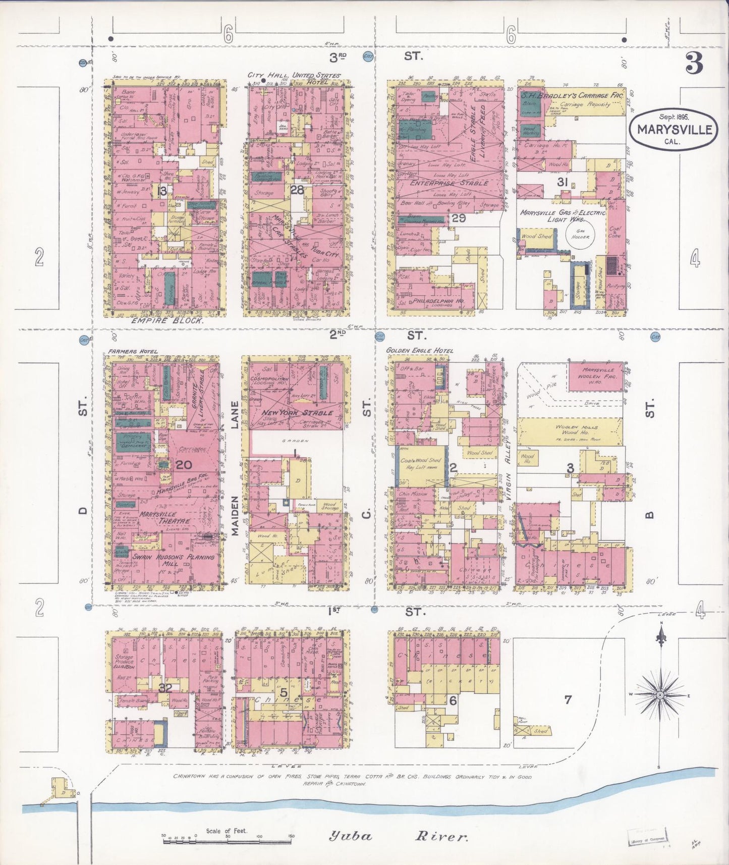 Sanborn Fire Insurance Map from Marysville, Yuba County, California (1895), Sheet #0003 - Historic Sanborn Fire Insurance Map Print, vintage old map wall art, antique decor, genealogy gift, California California map