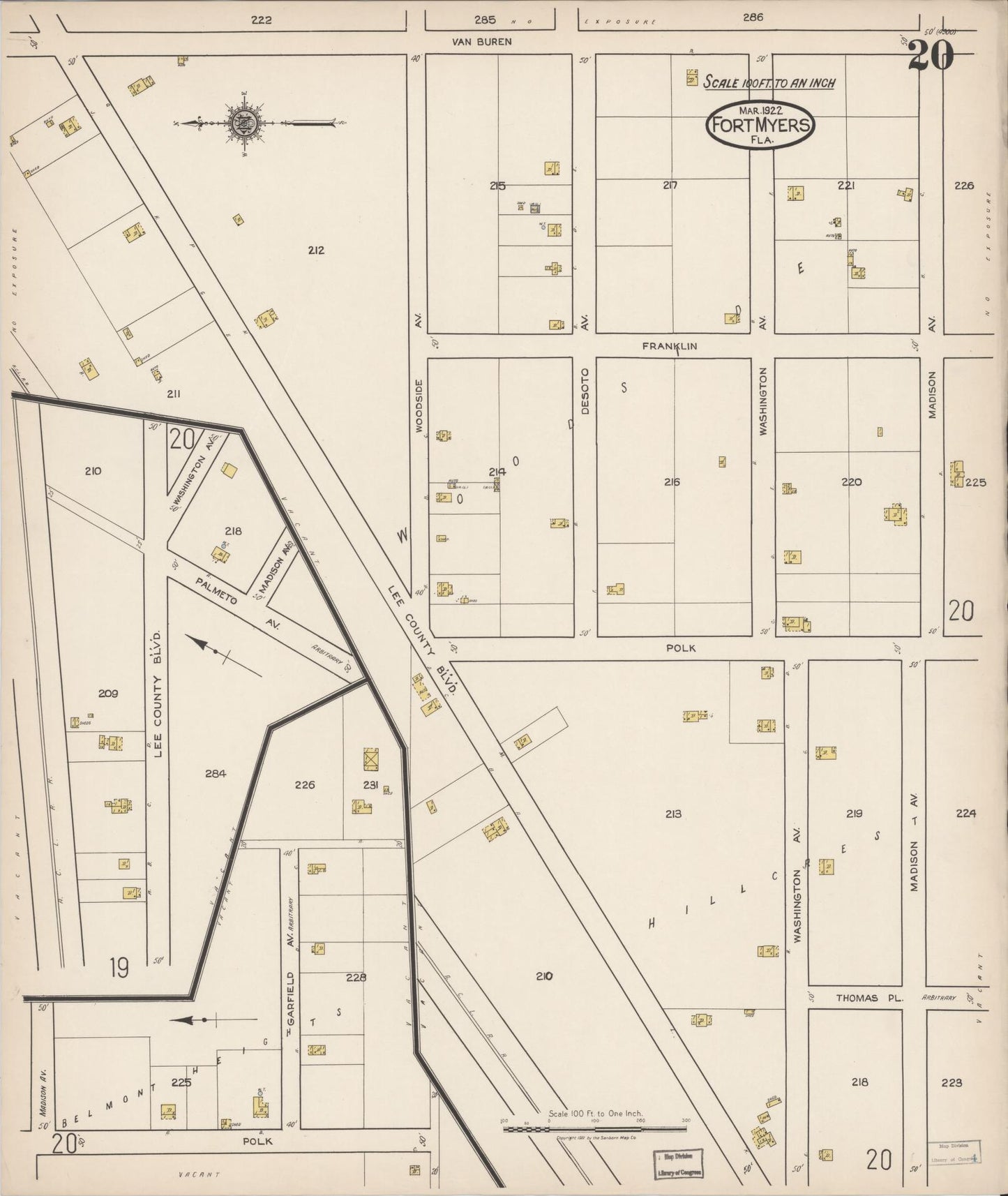 Sanborn Fire Insurance Map from Fort Myers, Lee County, Florida (1922), Sheet #0020 - Historic Sanborn Fire Insurance Map Print, vintage old map wall art, antique decor, genealogy gift, Florida Florida map