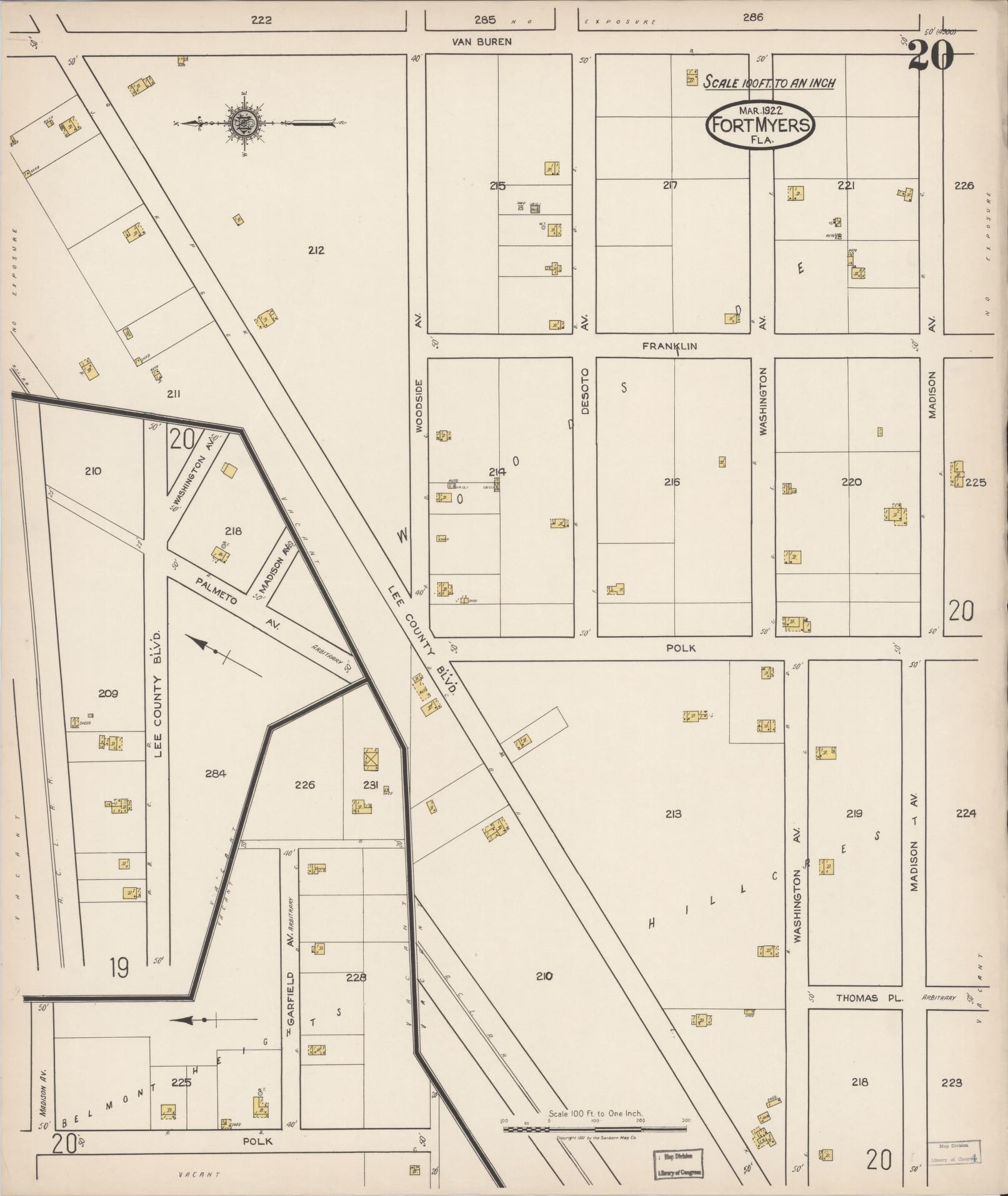 Sanborn Fire Insurance Map from Fort Myers, Lee County, Florida (1922), Sheet #0020 - Historic Sanborn Fire Insurance Map Print, vintage old map wall art, antique decor, genealogy gift, Florida Florida map