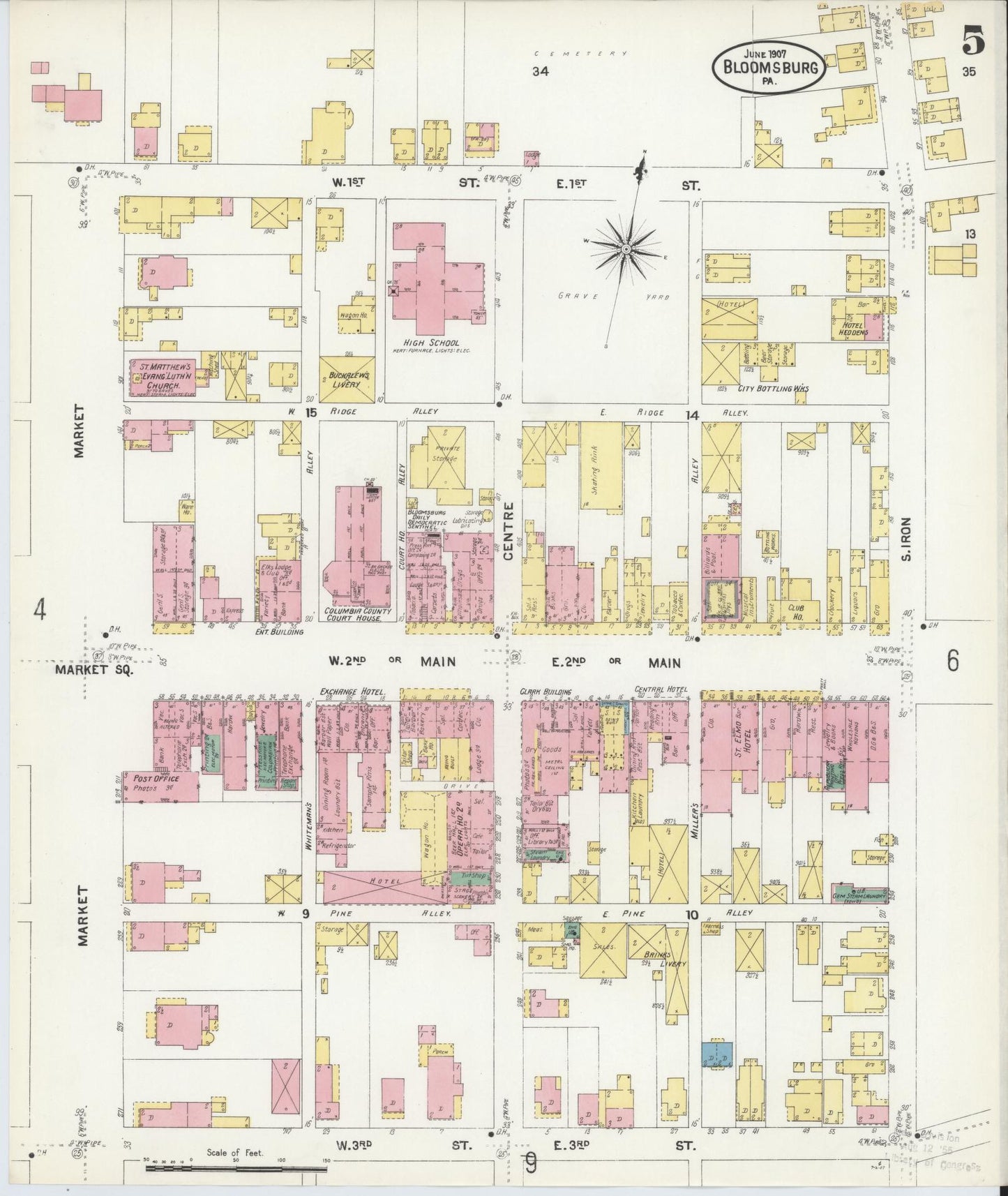 Sanborn Fire Insurance Map from Bloomsburg, Columbia County, Pennsylvania (1907), Sheet #0005 - Historic Sanborn Fire Insurance Map Print, vintage old map wall art, antique decor, genealogy gift, Pennsylvania Pennsylvania map