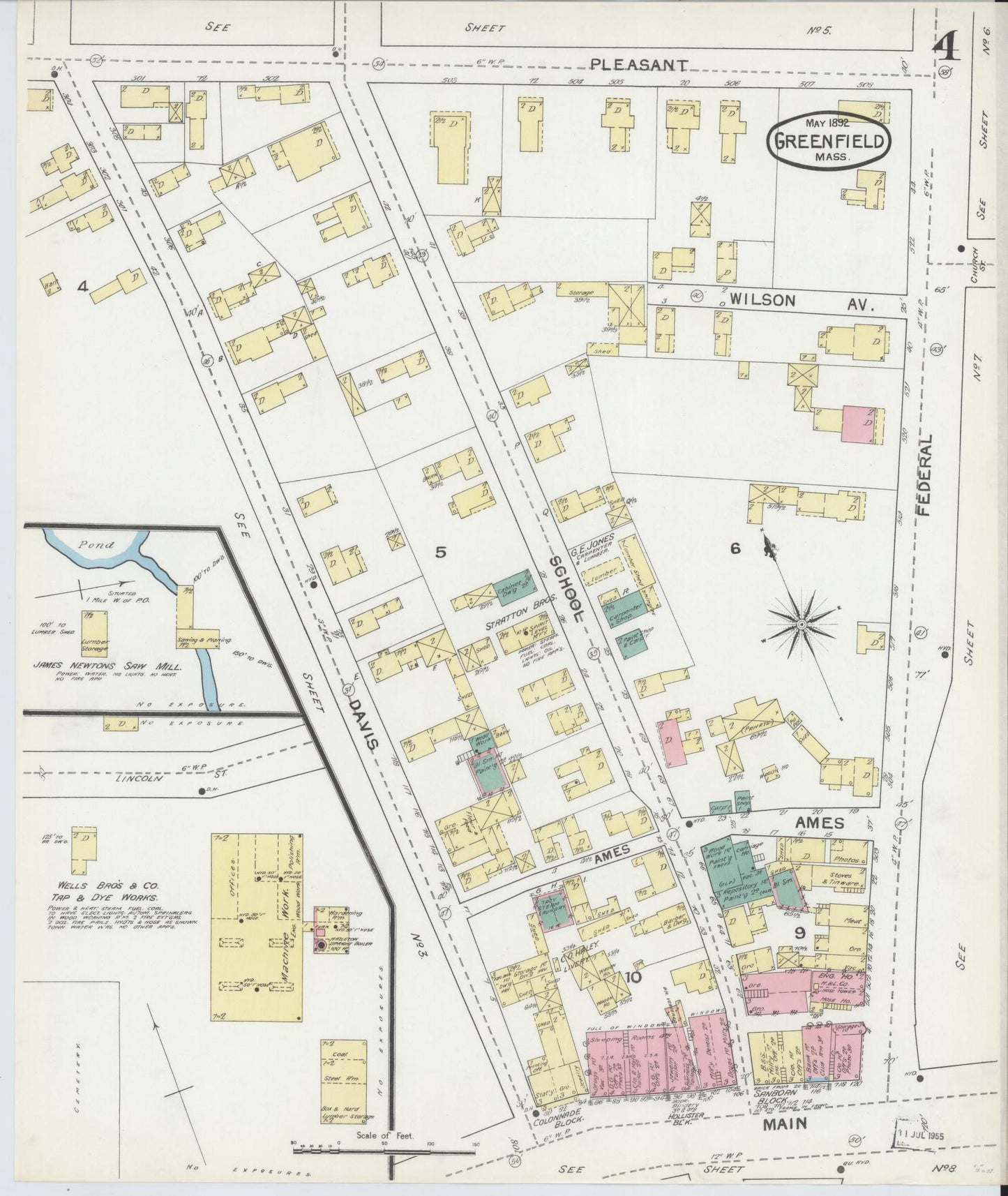 Sanborn Fire Insurance Map from Greenfield, Franklin County, Massachusetts (1892), Sheet #0004 - Historic Sanborn Fire Insurance Map Print, vintage old map wall art, antique decor, genealogy gift, Massachusetts Massachusetts map