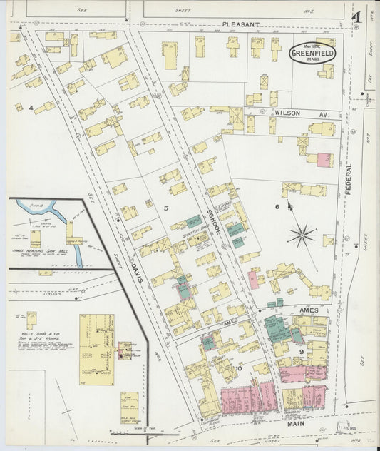 Sanborn Fire Insurance Map from Greenfield, Franklin County, Massachusetts (1892), Sheet #0004 - Historic Sanborn Fire Insurance Map Print, vintage old map wall art, antique decor, genealogy gift, Massachusetts Massachusetts map