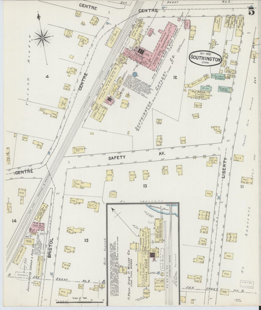 Sanborn Fire Insurance Map from Southington, Hartford County, Connecticut (1890), Sheet #0005 - Historic Sanborn Fire Insurance Map Print, vintage old map wall art, antique decor, genealogy gift, Connecticut Connecticut map