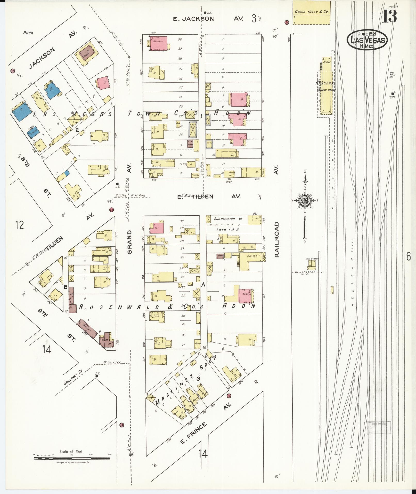 Sanborn Fire Insurance Map from Las Vegas, San Miguel County, New Mexico (1921), Sheet #0013 - Complete Map Set gallery image, historic Sanborn map, vintage wall art, New Mexico New Mexico