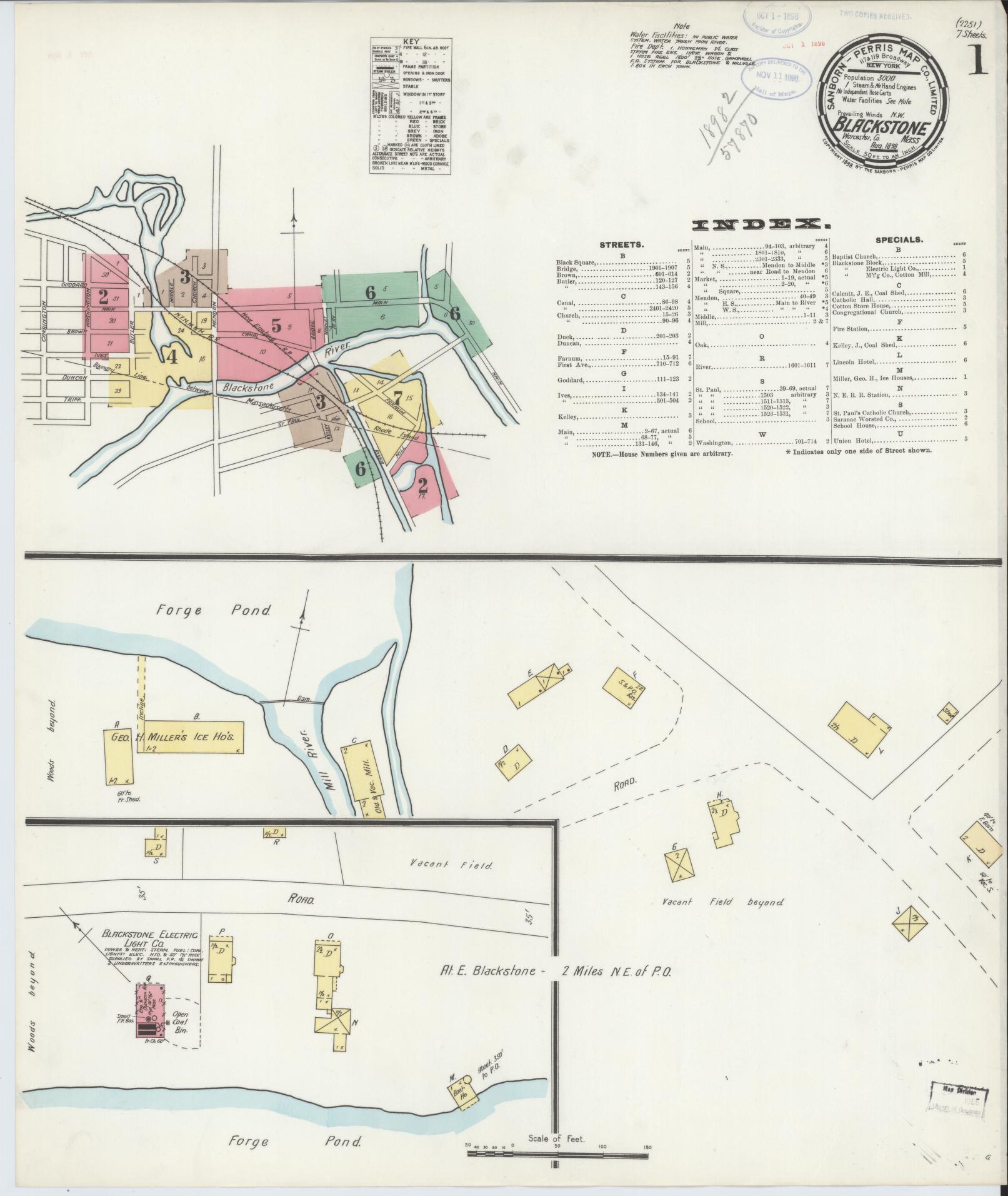 Sanborn Fire Insurance Map from Blackstone, Worcester County, Massachusetts (1898), Sheet #0001 - Complete Map Set gallery image, historic Sanborn map, vintage wall art, Massachusetts Massachusetts