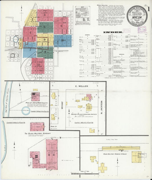 Sanborn Fire Insurance Map from Macon, Macon County, Missouri (1909), Sheet #0001 - Complete Map Set gallery image, historic Sanborn map, vintage wall art, Missouri Missouri