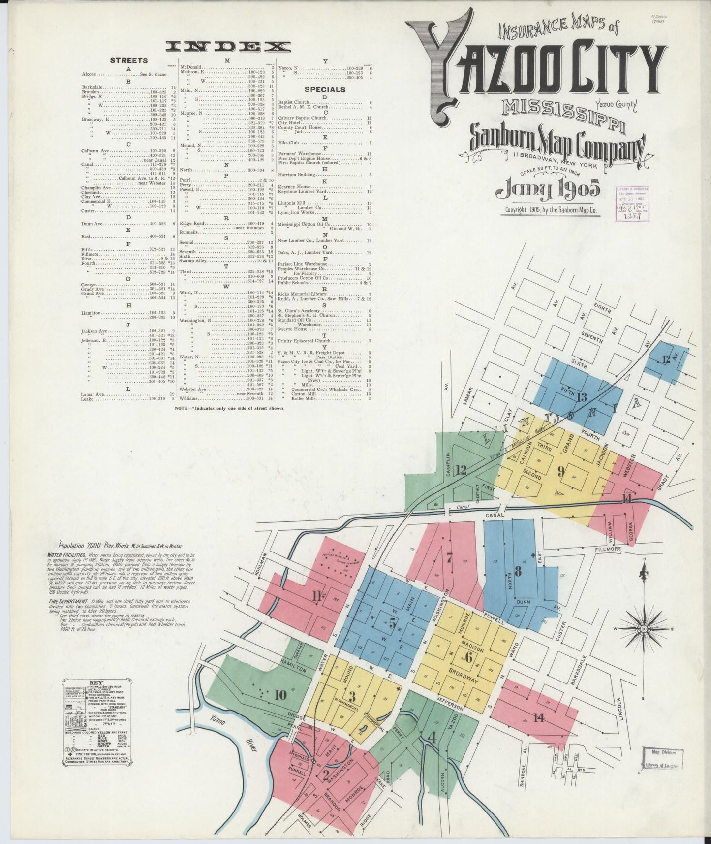 Sanborn Fire Insurance Map from Yazoo City, Yazoo County, Mississippi (1905), Sheet #0001 - Historic Sanborn Fire Insurance Map Print, vintage old map wall art, antique decor, genealogy gift, Mississippi Mississippi map