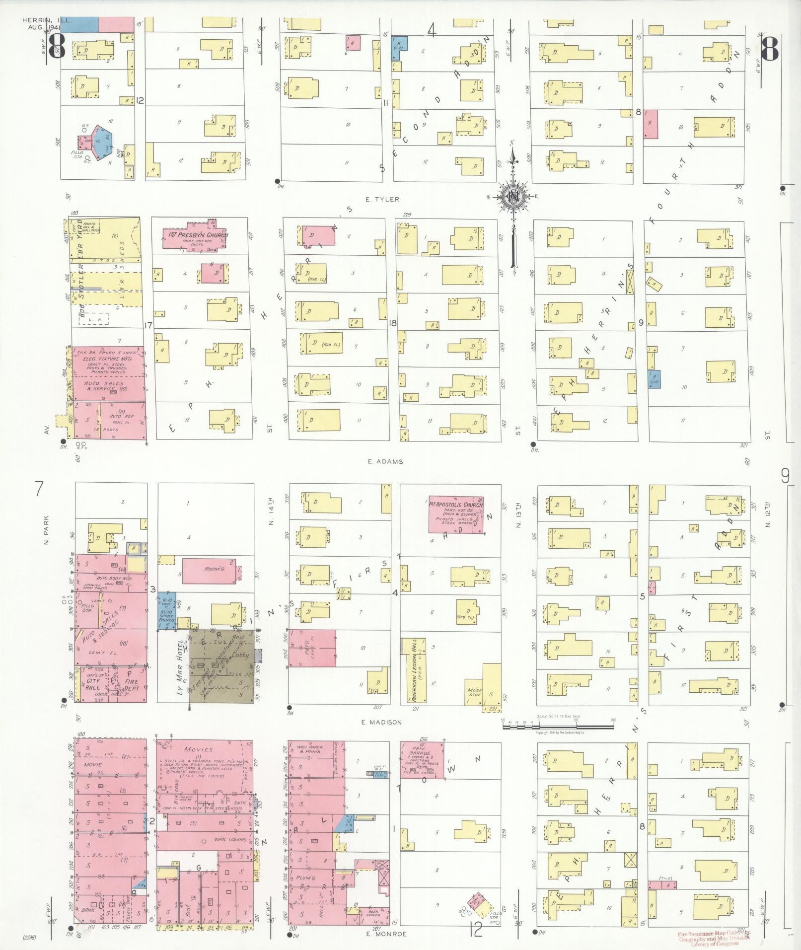 Sanborn Fire Insurance Map from Herrin, Williamson County, Illinois (1941), Sheet #0008 - Historic Sanborn Fire Insurance Map Print, vintage old map wall art, antique decor, genealogy gift, Illinois Illinois map