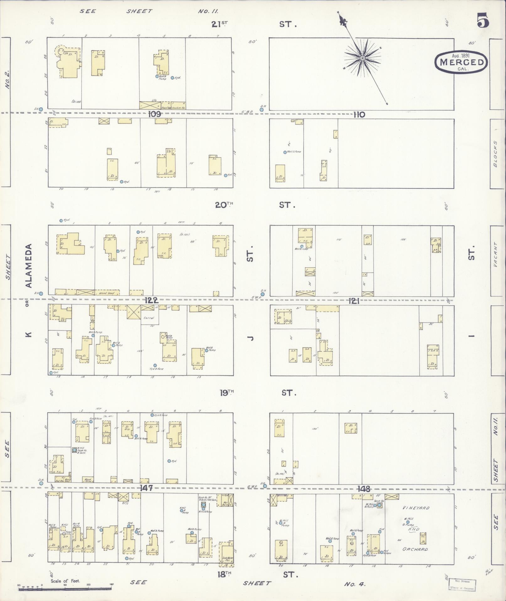 Sanborn Fire Insurance Map from Merced, Merced County, California (1891), Sheet #0005 - Historic Sanborn Fire Insurance Map Print, vintage old map wall art, antique decor, genealogy gift, California California map