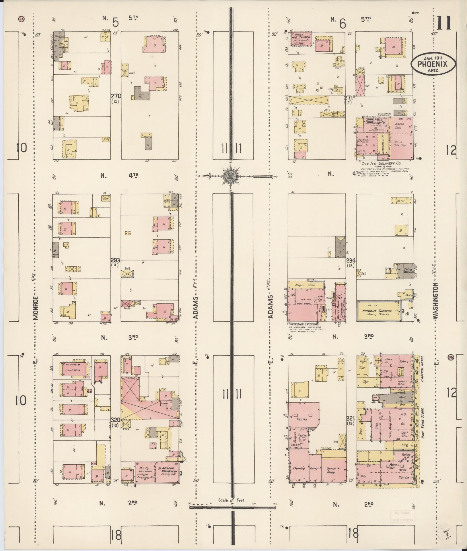 Sanborn Fire Insurance Map from Phoenix, Maricopa County, Arizona (1911), Sheet #0011 - Historic Sanborn Fire Insurance Map Print, vintage old map wall art, antique decor, genealogy gift, Arizona Arizona map