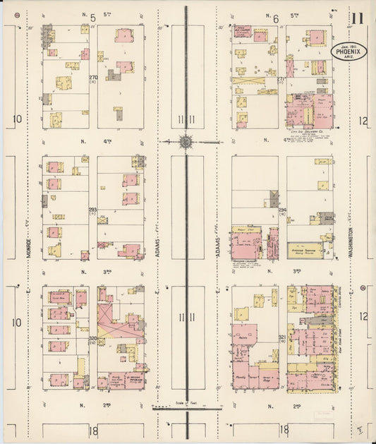 Sanborn Fire Insurance Map from Phoenix, Maricopa County, Arizona (1911), Sheet #0011 - Historic Sanborn Fire Insurance Map Print, vintage old map wall art, antique decor, genealogy gift, Arizona Arizona map
