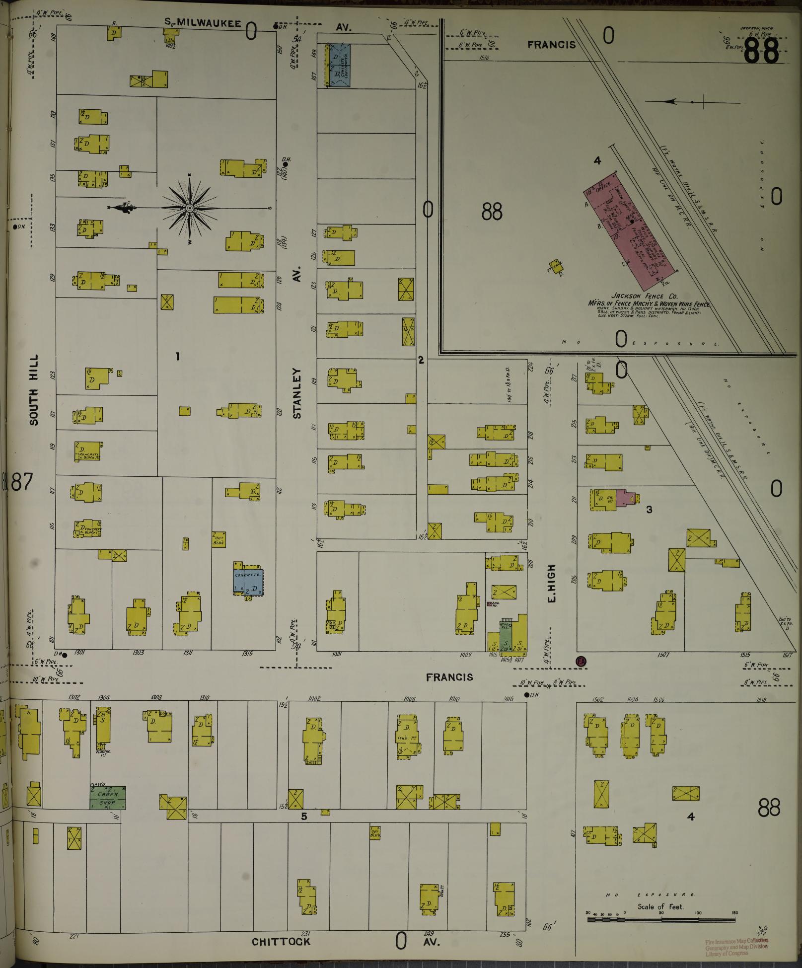 Sanborn Fire Insurance Map from Jackson, Jackson County, Michigan (1907), Sheet #0088 - Historic Sanborn Fire Insurance Map Print, vintage old map wall art, antique decor, genealogy gift, Michigan Michigan map