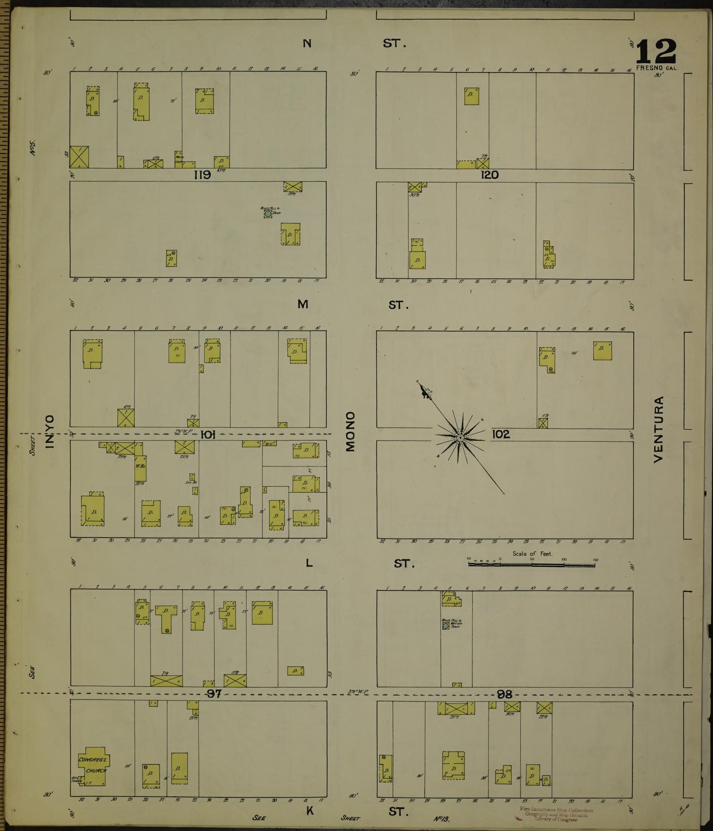 Sanborn Fire Insurance Map from Fresno, Fresno County, California (1888), Sheet #0012 - Historic Sanborn Fire Insurance Map Print, vintage old map wall art, antique decor, genealogy gift, California California map
