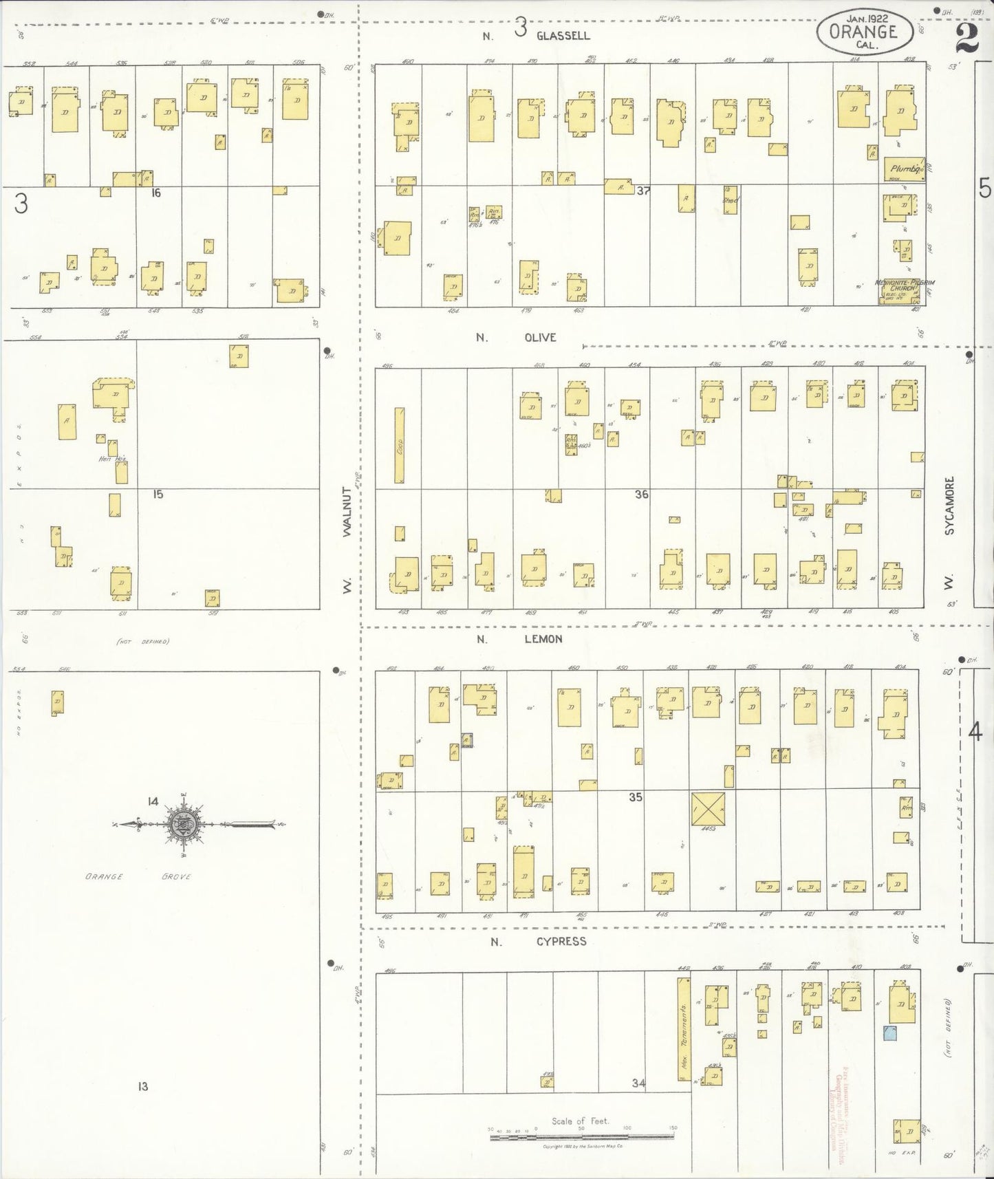 Sanborn Fire Insurance Map from Orange, Orange County, California (1922), Sheet #0002 - Complete Map Set gallery image, historic Sanborn map, vintage wall art, California California