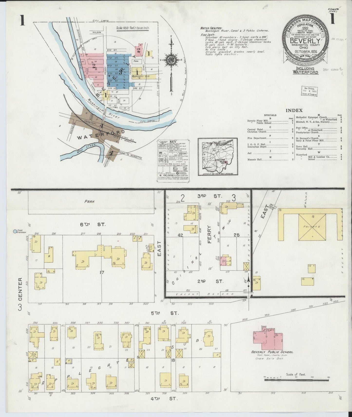 Sanborn Fire Insurance Map from Beverly, Washington County, Ohio (1924), Sheet #0001 - Historic Sanborn Fire Insurance Map Print, vintage old map wall art, antique decor, genealogy gift, Ohio Ohio map