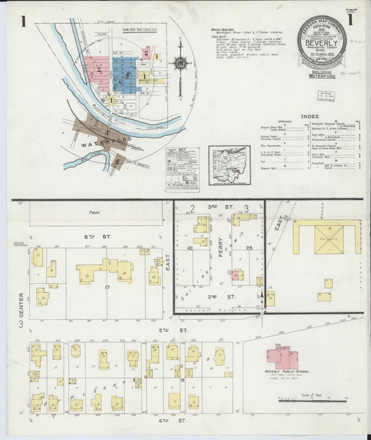 Sanborn Fire Insurance Map from Beverly, Washington County, Ohio (1924), Sheet #0001 - Historic Sanborn Fire Insurance Map Print, vintage old map wall art, antique decor, genealogy gift, Ohio Ohio map