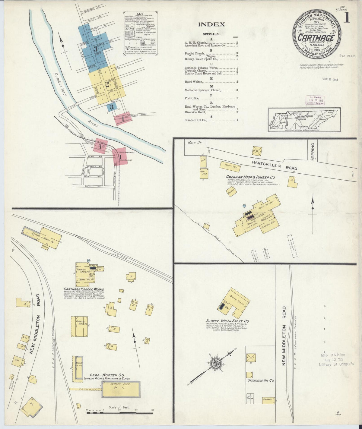 Sanborn Fire Insurance Map from Carthage, Smith County, Tennessee (1913), Sheet #0001 - Complete Map Set gallery image, historic Sanborn map, vintage wall art, Tennessee Tennessee
