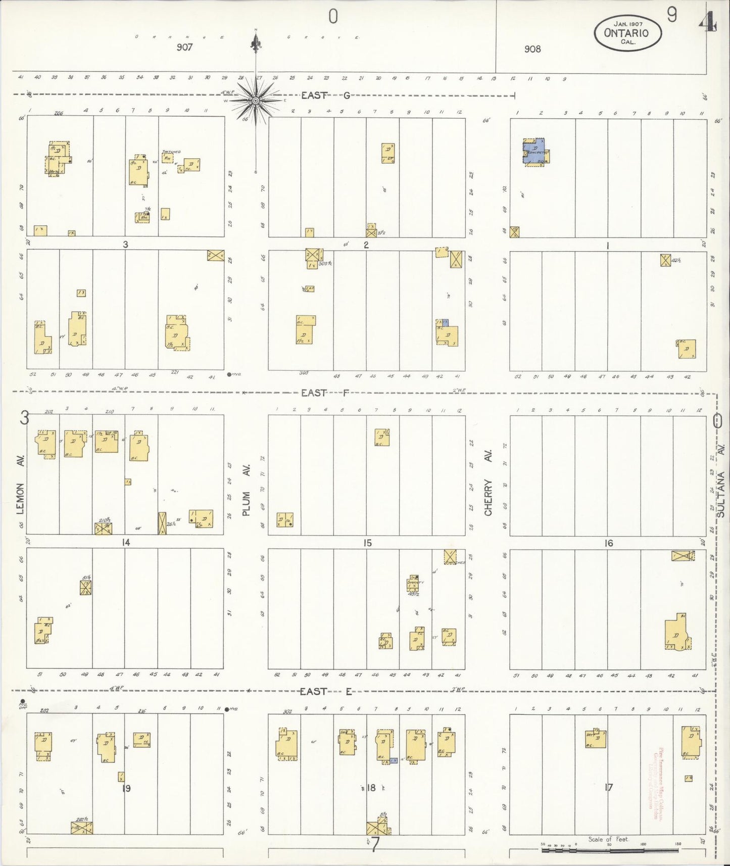 Sanborn Fire Insurance Map from Ontario, San Bernardino County, California (1907), Sheet #0004 - Complete Map Set gallery image, historic Sanborn map, vintage wall art, California California