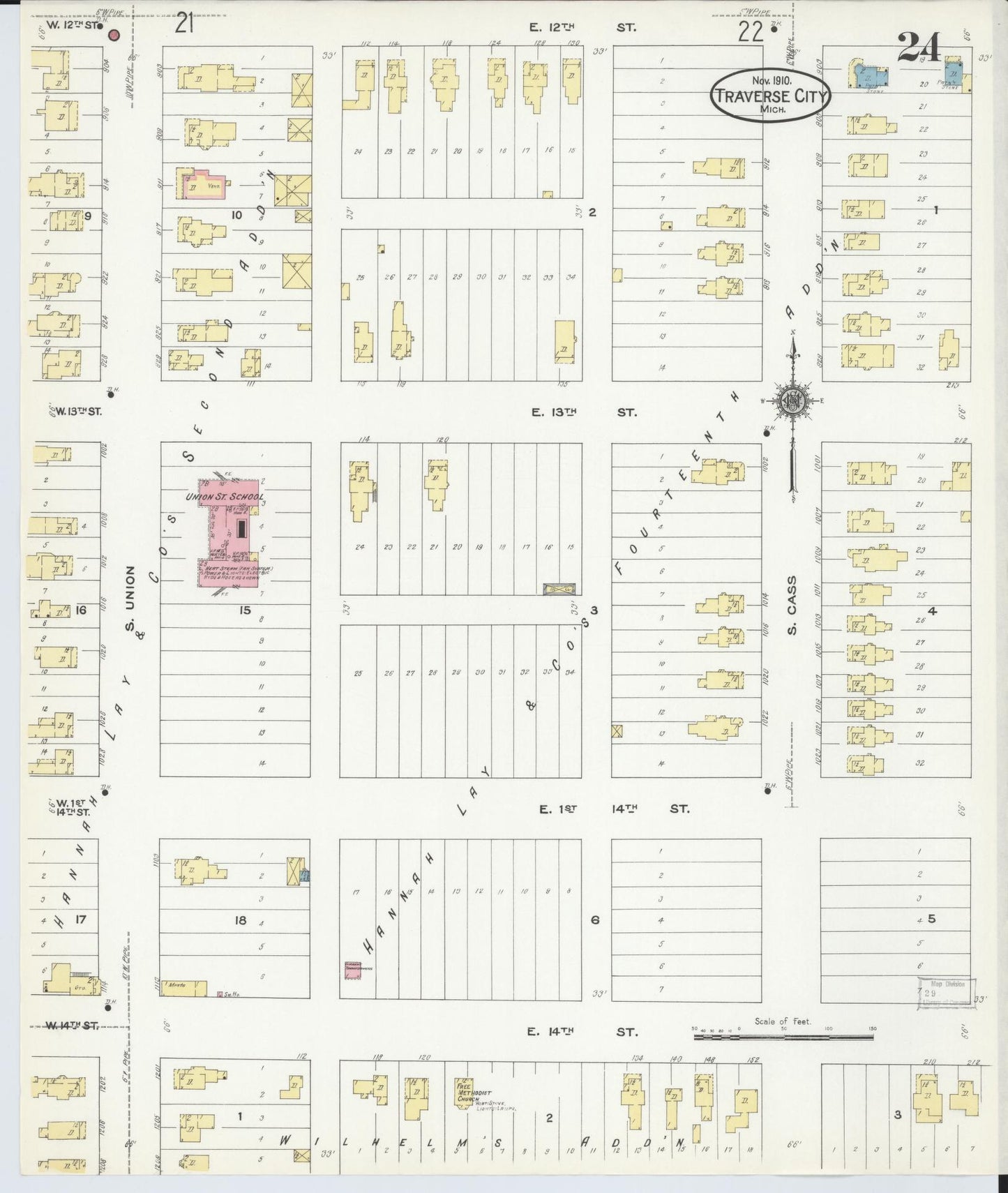 Sanborn Fire Insurance Map from Traverse City, Grand Traverse County, Michigan (1910), Sheet #0024 - Historic Sanborn Fire Insurance Map Print, vintage old map wall art, antique decor, genealogy gift, Michigan Michigan map