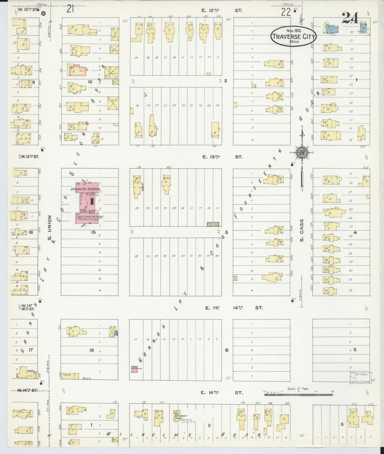 Sanborn Fire Insurance Map from Traverse City, Grand Traverse County, Michigan (1910), Sheet #0024 - Historic Sanborn Fire Insurance Map Print, vintage old map wall art, antique decor, genealogy gift, Michigan Michigan map
