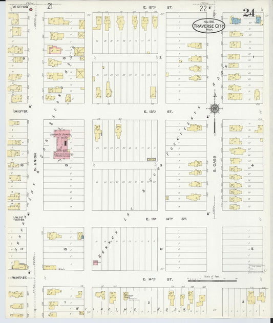 Sanborn Fire Insurance Map from Traverse City, Grand Traverse County, Michigan (1910), Sheet #0024 - Historic Sanborn Fire Insurance Map Print, vintage old map wall art, antique decor, genealogy gift, Michigan Michigan map