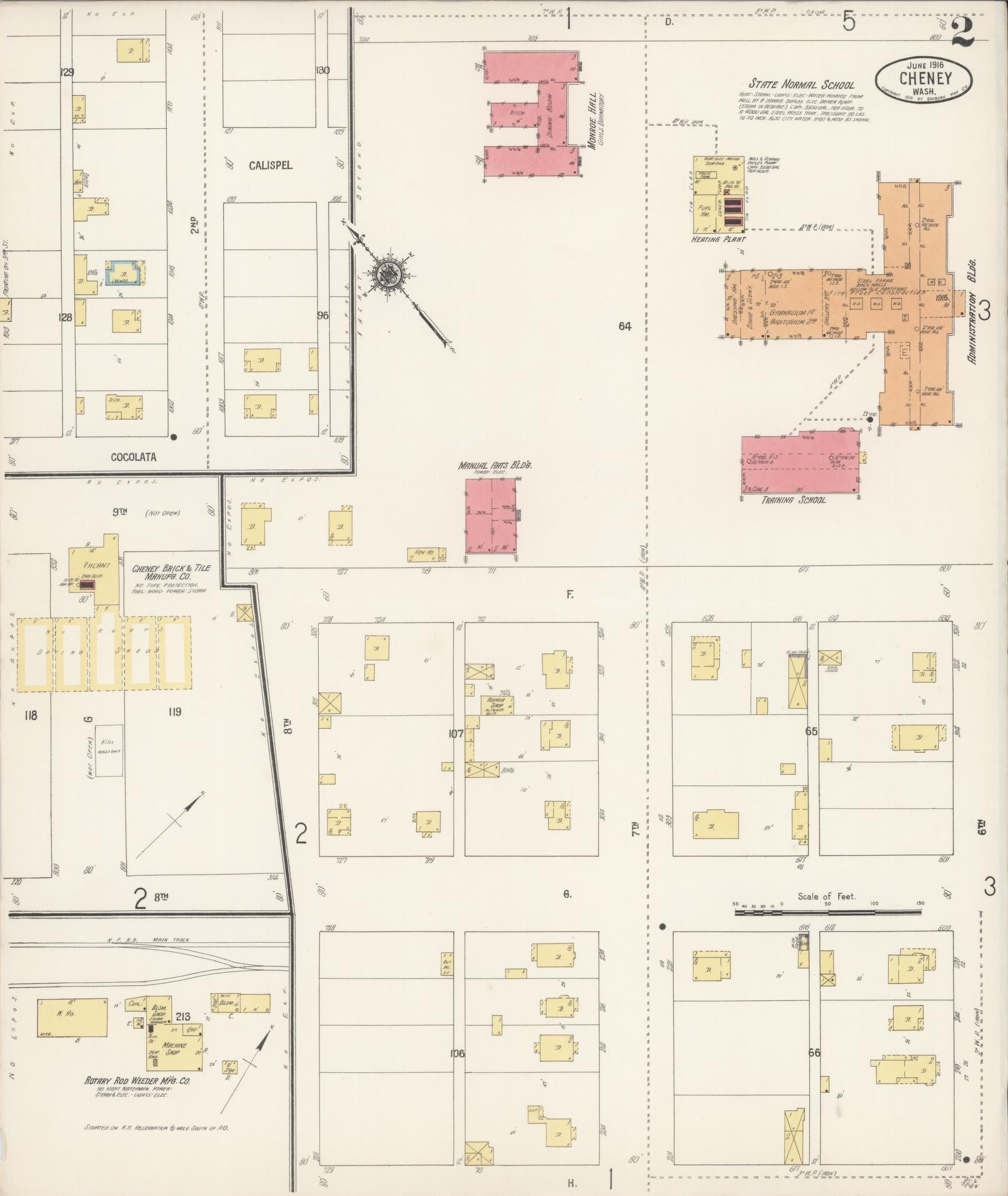 Sanborn Fire Insurance Map from Cheney, Spokane County, Washington (1916), Sheet #0002 - Complete Map Set gallery image, historic Sanborn map, vintage wall art, Washington Washington