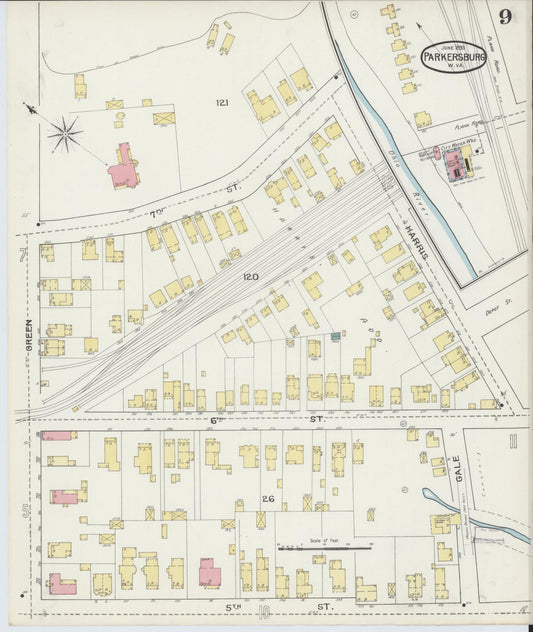 Sanborn Fire Insurance Map from Parkersburg, Wood County, West Virginia (1893), Sheet #0009 - Historic Sanborn Fire Insurance Map Print, vintage old map wall art, antique decor, genealogy gift, West Virginia West Virginia map