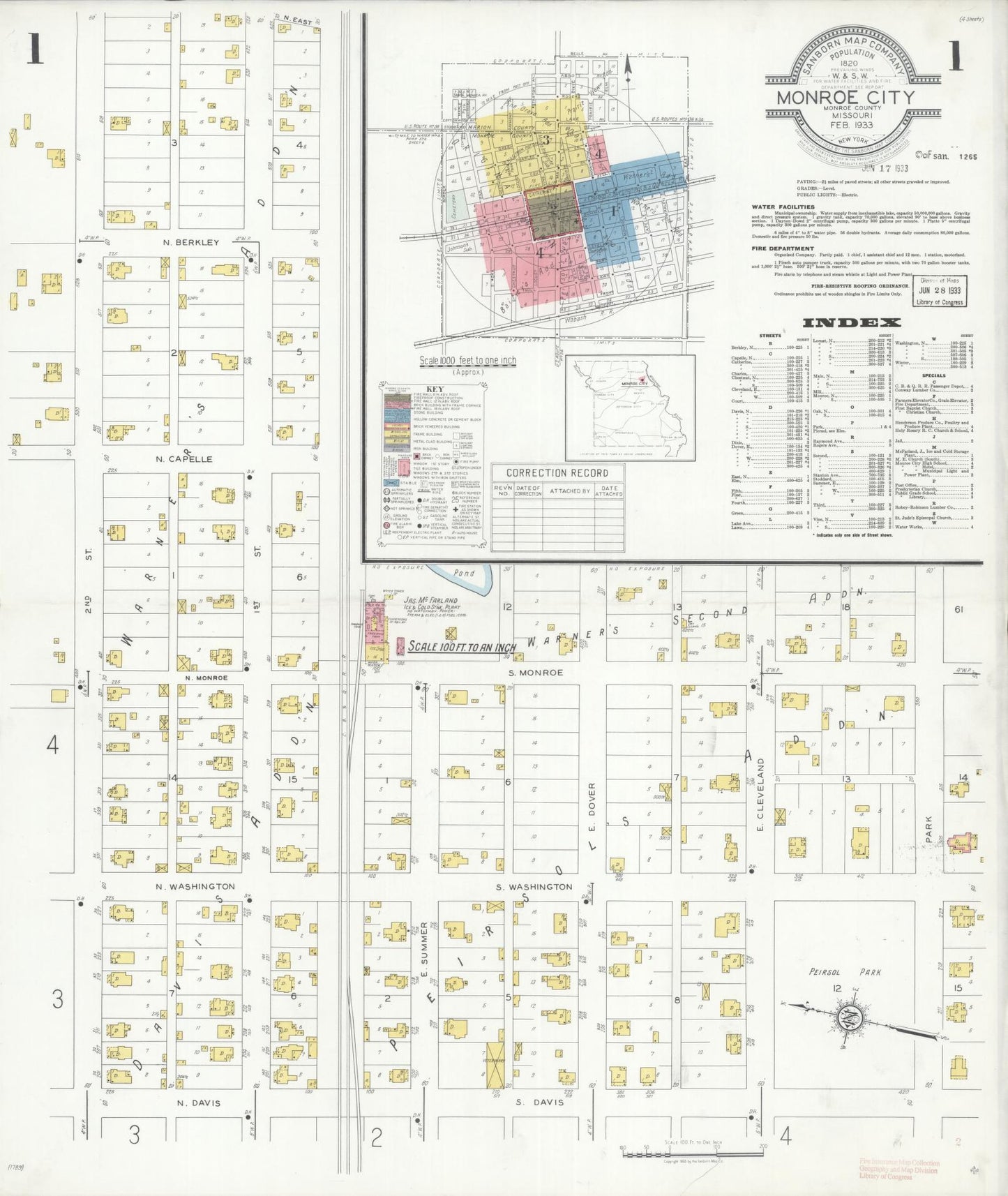Sanborn Fire Insurance Map from Monroe City, Monroe County, Missouri (1933), Sheet #0001 - Historic Sanborn Fire Insurance Map Print, vintage old map wall art, antique decor, genealogy gift, Missouri Missouri map