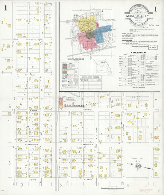 Sanborn Fire Insurance Map from Monroe City, Monroe County, Missouri (1933), Sheet #0001 - Historic Sanborn Fire Insurance Map Print, vintage old map wall art, antique decor, genealogy gift, Missouri Missouri map